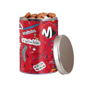 500 g Pfeffernüsse in silberner Metalldose und mit Banderole