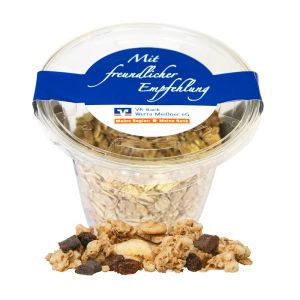 60 g Crunchy Banana-Schoko Müsli im Öko-Becher mit Werbeetikett