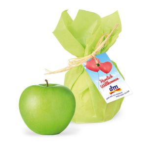 Bio Äpfel mit Naturbast und Werbekärtchen