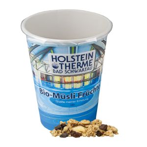 70 g Knusper Banane-Schoko Müsli im Werbebecher mit Logodruck