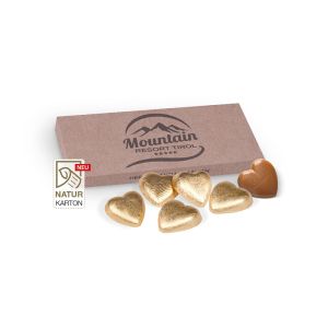Lindt Schoko-Herzen lose in Präsentbox mit Werbedruck (Naturpapier)
