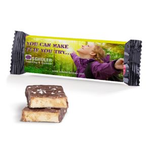 Proteinriegel Kokos Mandel im Werbeschuber mit Logodruck