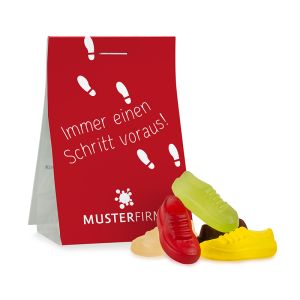 15 g vegane Fruchtgummi Turnschuhe in Naschtasche mit Werbereiter