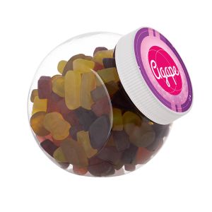 1 Liter Schräghalsglas befüllt mit English Winegums und mit Werbeetikett