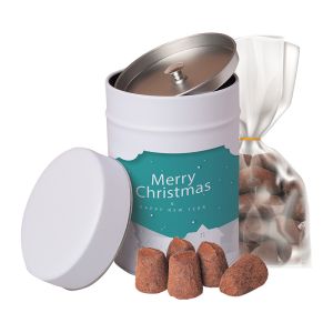 200 g Kakao-Trüffel Konfekt in Keksdose mit Werbe-Etikett