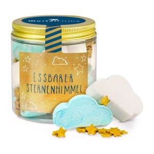 Essbarer Sternenhimmel in transparenter Dose mit Werbe-Etikett