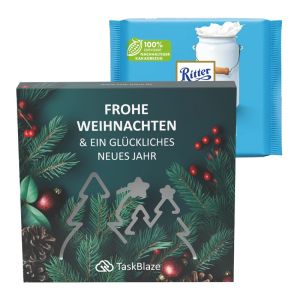 Ritter SPORT Alpenmilch Schokolade in einer Präsentbox mit Wald-Ausstanzung und Werbedruck