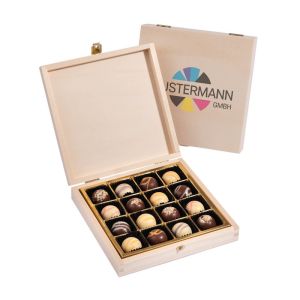 16 Pralinen in quadratischer Holzbox mit Deckeldruck