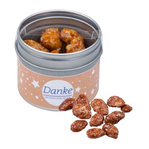 Bio gebrannte Mandeln in Sichtfensterdose mit Werbe-Etikett