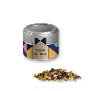 Bio Kräutertee Vierjahreszeiten in silbener Mini Metalldose mit Sichtfenster und Werbebanderole