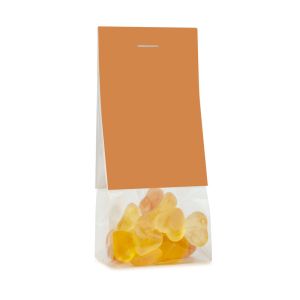 45 g Herzen aus Fruchtgummi mit Secco Geschmack im transparenten Standbeutel mit beidseitig bedruckbarem Werbereiter