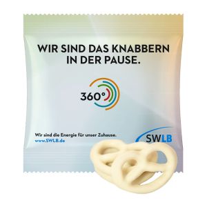 15 g Mini Brezeln mit Joghurt überzogen im Werbetütchen mit Logodruck