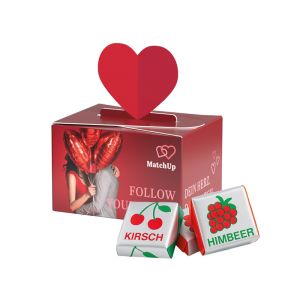 Fruchtkaramelle in Geschenkbox Herz und Werbedruck