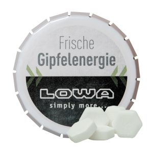 20 g Bio Traubenzucker Orange Drops in Klick-Klack-Dose mit Werbedruck