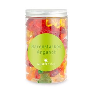 300 g süße Fruchtgummi-Bärchen in Naschdose mit Werbeetikett