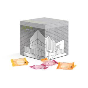 Präsentbox mit Sadex Traubenzuckertabletten und Werbedruck