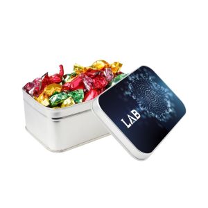 Rechteckige silberne Dose mit Metallic Bonbons und Werbedruck