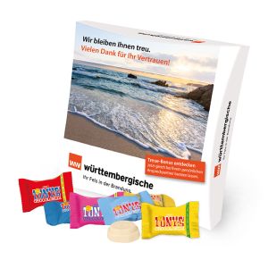 135 g Süße Editions-Mischung von Tiny Tony´s Chocolonely in Werbekartonage mit Bedruckung