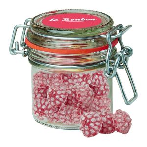 60 g Himbeer Bonbons im Mini Bonbonglas mit Werbeetikett