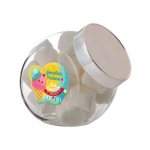 0,9 Liter Schräghalsglas befüllt mit Marshmallows und mit Werbeetikett