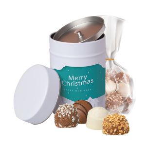 200 g Pralinen-Mix in Keksdose mit Werbe-Etikett