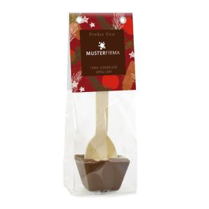 Apfel-Zimt Schokolöffel im Standbodenbeutel mit Werbereiter