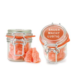 75 g orange saure Fruchtgummiflaschen im Bügelglas mit Werbeetikett