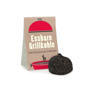 Schaumzucker Grillkohle mit Vanille Geschmack im transparenten Standbeutel mit beidseitig bedruckbarem Werbereiter