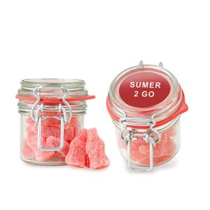75 g rote saure Fruchtgummiflaschen im Bügelglas mit Werbeetikett
