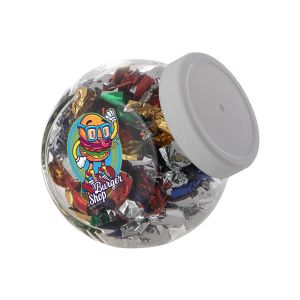 0,4 Liter Schräghalsglas befüllt mit Metallic Sweets und mit Werbeetikett