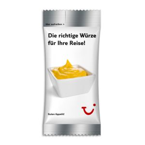 Senf in Portionstütchen mit Werbedruck