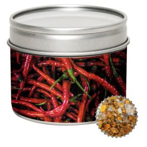 45 g Chili-Salz in Sichtfensterdose mit Werbeetikett