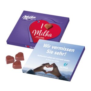 I Love Milka Pralinés mit Werbebanderole und Werbedruck