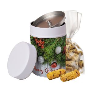 130 g Fruchtstollen-Kekse Schoko-Orange in Keksdose mit Werbe-Etikett