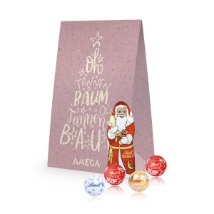 Weihnachtliche Geschenktüte (Graspapier) Lindt Santa & Lindt Minis mit Werbedruck