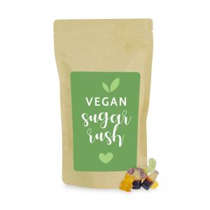 250 g vegane Fruchtgummi-Mischung im Papierdoypack im transparenten Standbeutel mit beidseitig bedruckbarem Werbereiter