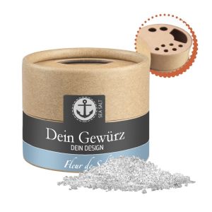40 g Französisches Fleur de Sel im Kraftpapierstreuer Mini mit Werbeetikett