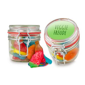 160 g vegetarischer Fruchtgummi Mix im Bügelglas mit Werbeetikett