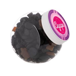 1 Liter Schräghalsglas befüllt mit Gemischter Lakritze und mit Werbeetikett