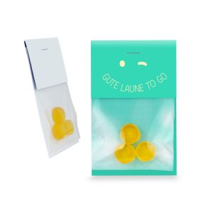 3 gelbe Fruchtgummi-Smilies im Promobag mit Werbereiter