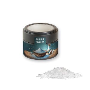 Meersalz in schwarzer Mini Metalldose mit Sichtfenster und Werbebanderole