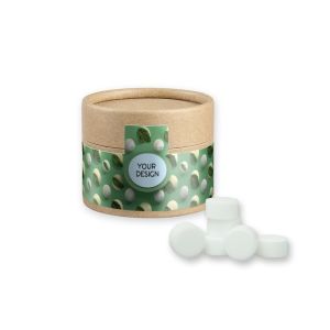 Pfefferminz Drops zuckerfrei in Kraftpapierdose Mini mit Werbebanderole