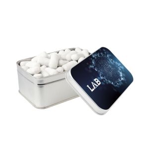 Rechteckige silberne Dose mit Lakritz Schulkreide und Werbedruck