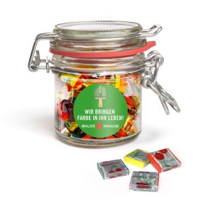 Retro Fruchtkaramellen in einem Nostalgie Glas mit Werbeetikett