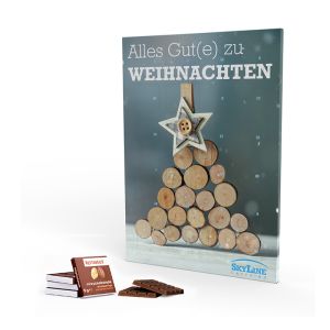 Adventskalender Rettergut Mixschokolade im Hochformat mit Werbedruck