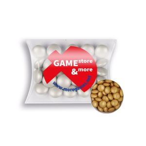 15 g goldene Schoko-Linsen in Mini-Kissen mit Tampondruck
