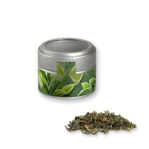 Bio Grüner Tee mit Minze in silbener Mini Metalldose mit Sichtfenster und Werbebanderole