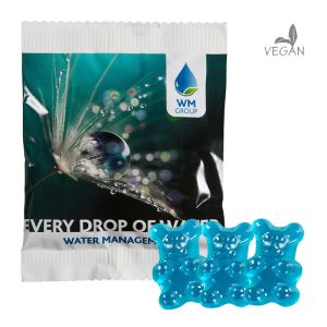 20 g vegane blaue Gummibärchen (Cassis) im kompostierbaren Werbetütchen mit Werbedruck
