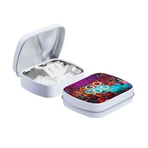 Mini Klappdeckeldose mit Pfefferminz in Koffer-Form und Werbedruck