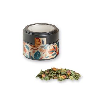 Bio Kräutertee Glücksgefühle in schwarzer Mini Metalldose mit Sichtfenster und Werbebanderole